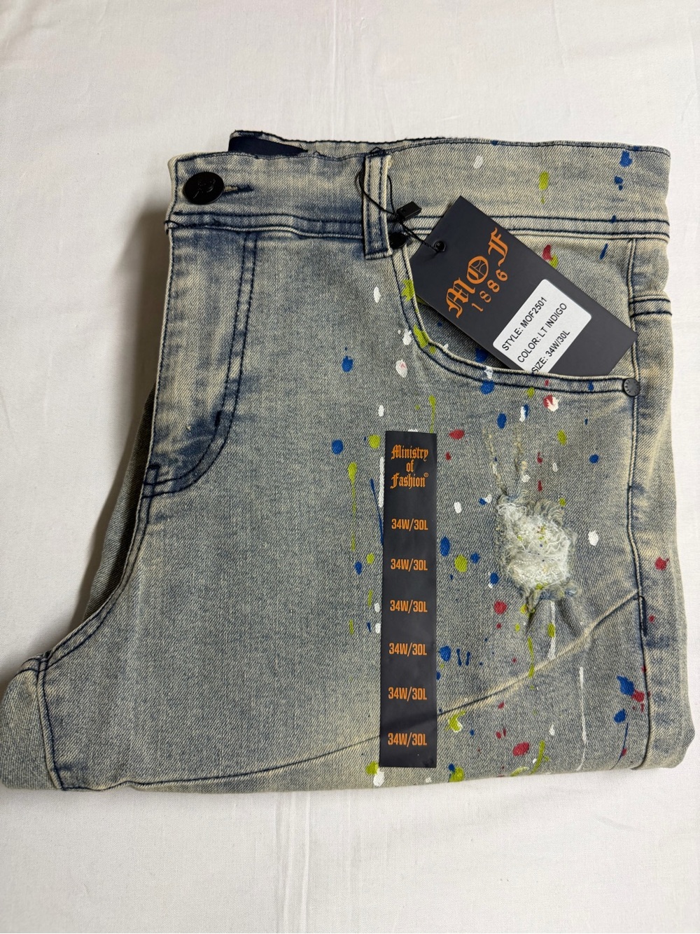 Men's Light Blue Paint-Splatter Jeans